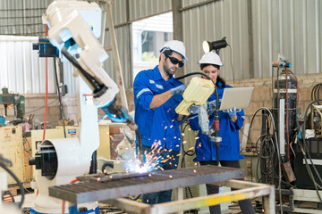 Robotics engineer working on maintenance of modern robotic arm in factory warehouse