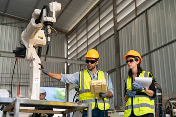 Robotics engineer working on maintenance of modern robotic arm in factory warehouse