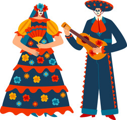 Character male female mexican costume motley carnaval people, traditional mexico suit isolated on white, flat vector illustration.