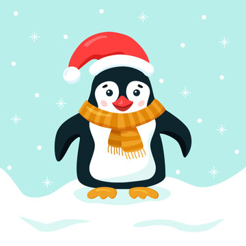 Funny flat penguin with red Santa hat and orange scarf on winter background. Vector cartoon illustration with snowflake. Square image of cute character in bright colors with smile for poster or card