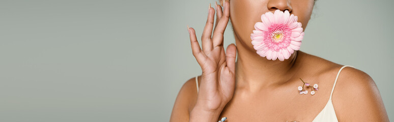 cropped view of african american woman with flowers on body and gerbera in mouth isolated on grey, banner.