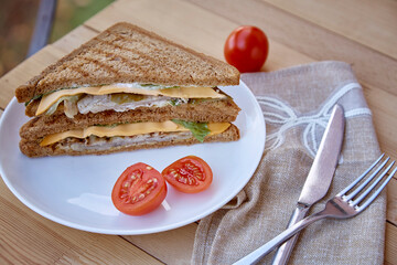 Rustic healthy vegan sandwich with oyster mushroom and vegetables. Proper nutrition. - obrazy, fototapety, plakaty