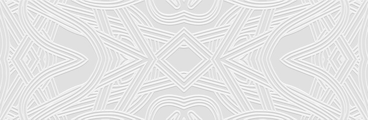 Banner, cover design. Embossed geometric 3d pattern on a white background, paper press. Tribal ethnic motifs, decorative ornaments, intersecting lines texture.