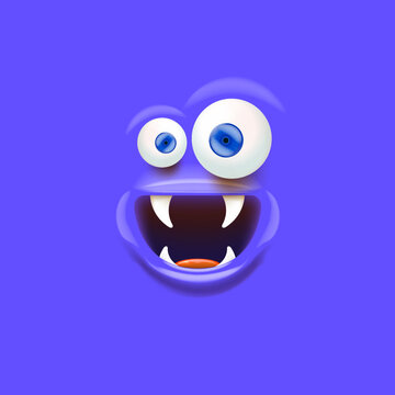 Vector funny blue monster face with open mouth with fangs and eyes isolated on blue background. Halloween cute and funky monster design template for poster, banner and tee print