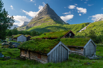 Traditional norwegian house with grass roof, summer farm in Innerdalen, Norway