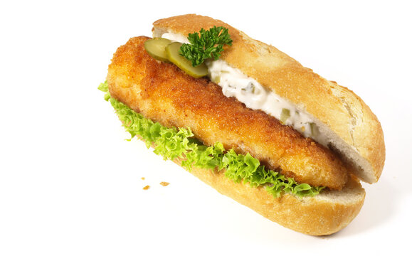 Fried Fish; Backfisch in a Bun isolated on white Background
