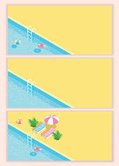 Isometric swimming pool with stairs and transparent water. Summer vacation by the pool. Colorful image of summer fun. Vector set of backgrounds.