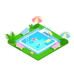 Isometric swimming pool with a staircase and clear water. Summer vacation by the pool. Colorful image of summer fun. 