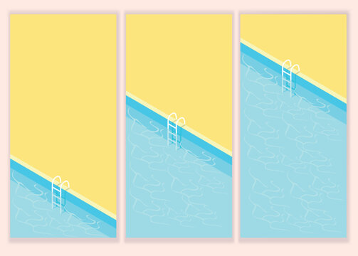 Isometric swimming pool with stairs and transparent water. Summer vacation by the pool. Colorful image of summer fun. Vector set of backgrounds.