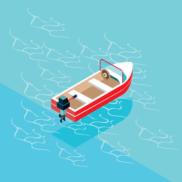 Isometric motorboat on the sea with clean water. Vector illustration of summer recreation and entertainment. Colorful image of summer fun.
