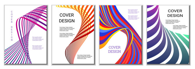 A set of 4 abstract covers. Wavy parallel gradient lines, ribbons evolve. Cover design, background. Trendy banner, poster.