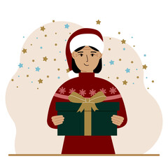 Fototapeta premium A woman with a New Year's gift. Concept of preparing for Christmas, new year, receiving a gift, christmas sale or secret santa claus.
