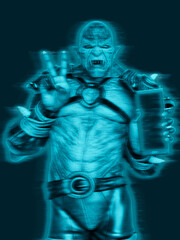 Fototapeta na wymiar orc warrior holding a cellphone and doing a peace and love pose