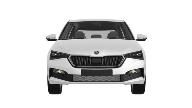 SKODA SCALA 2019 3d rendering of SKODA car on transparent PNG background, WHITE front view	
