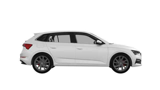 SKODA SCALA 2019 3d rendering of SKODA car on transparent PNG background, WHITE side view	

