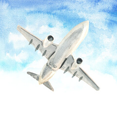 Airplane, white passenger airliner in the blue sky. Hand drawn watercolor illustration, isolated on white  background