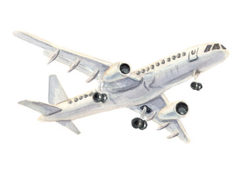 Airplane, white passenger airliner. Hand drawn watercolor illustration  isolated on white  background © dariaustiugova