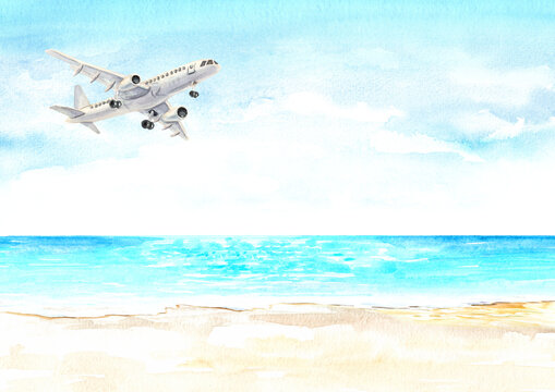 Airplane, white passenger airliner in the blue sky  above the tropical sea. Ttravel concept. Hand drawn watercolor illustration  isolated on white  background