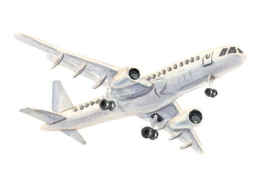 Airplane, white passenger airliner. Hand drawn watercolor illustration  isolated on white  background
