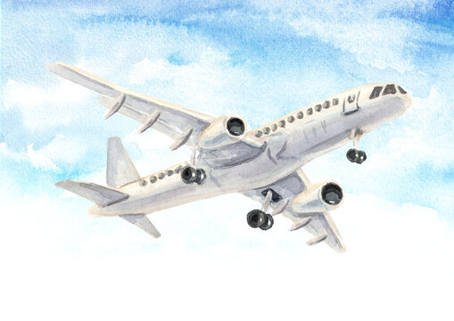 Airplane, white passenger airliner in the blue sky. Hand drawn watercolor illustration, isolated on white  background