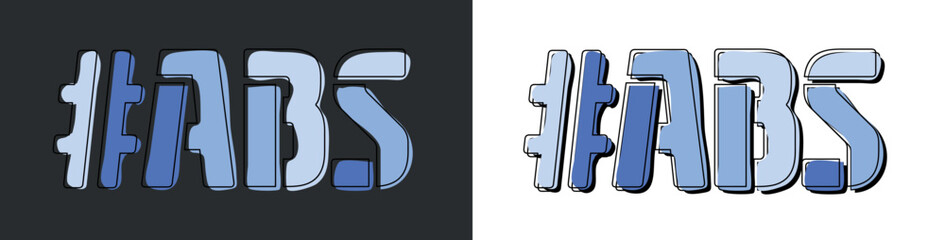 ABS Hashtag. Isolate curves doodle letters. Set 2 in 1. Blue colors. Popular Hashtag #ABS for social network, web resources, mobile apps, games. Stock vector picture.