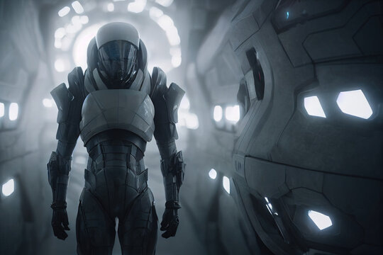 Soldier in futuristic space armor, science fiction, white armor, inside the spaceship. 3d render