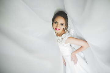 Portrait of beautiful bride with fashion veil at wedding morning