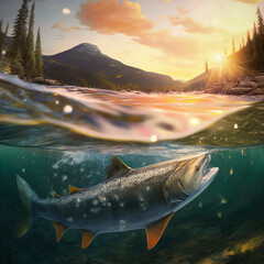 Fototapeta premium The Salmon run in the Rocky Mountains at sunset