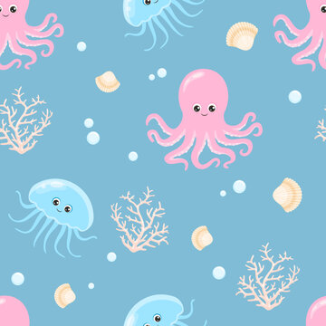 Childish background with cute jellyfish, octopuses, corals and seashells. Sea seamless pattern. Vector cartoon baby illustration.