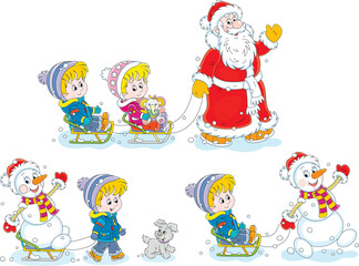 Obraz na płótnie Canvas Vector cartoon set of sledding Santa Claus, a funny toy snowman and happy little kids with a merry small pup playing in a snowy park on winter vacation