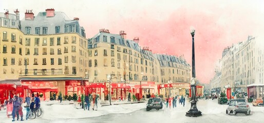 Obraz premium Ai-generated Image Of A Busy Street In Paris In Winter Watercolor Landscape