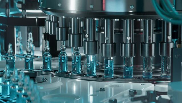 Medical Ampoule Production Line at Modern Modern Pharmaceutical Factory. Glass Ampoules are being Filled. Medication Manufacturing Process.