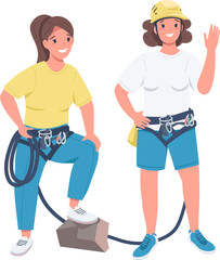 Naklejka na ściany i meble Girls hiking together semi flat color raster characters. Standing figures. Full body people on white. Active sport club simple cartoon style illustration for web graphic design and animation