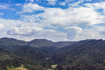 Naklejka premium Majestic view on beautiful Carpathian mountains in mist landscape. Dramatic unusual scene. Mountain Travel background