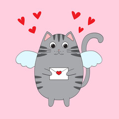 Cute cartoon character cat with wings holding an envelope in its paws. Valentine's Day card or sticker design. Vector illustration