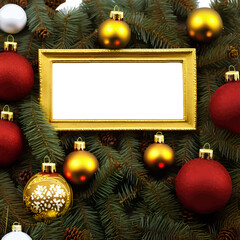 Fototapeta na wymiar White canvas with frame on Christmas pine tree with golden ornaments. Gold frame for photographs among garlands white and transparent background. Living room interior decorated for Chistmas