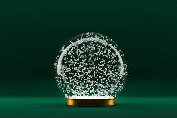 Snowflakes following around christmas dome on green background. 3d rendering.