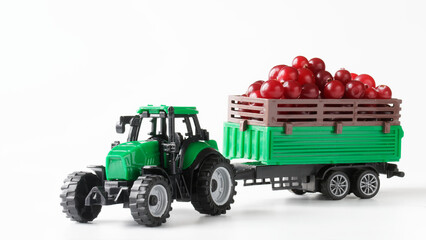 Toy farm tractor transports red fresh cranberries in a cargo trailer. White background. Concept of...