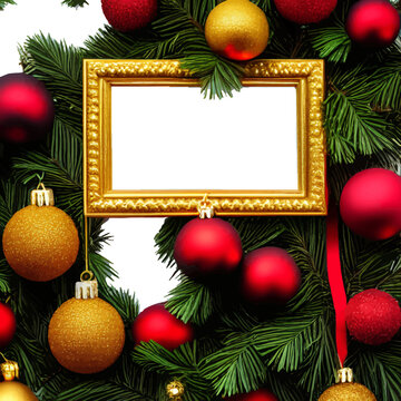 White canvas with frame on Christmas pine tree with golden ornaments. Gold frame for photographs among garlands white and transparent background. Living room interior decorated for Chistmas