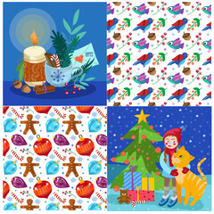 Vector set of winter illustrations and pattern. Winter cards and greetings. Children's illustration.  Background for fabric, wallpaper, design.