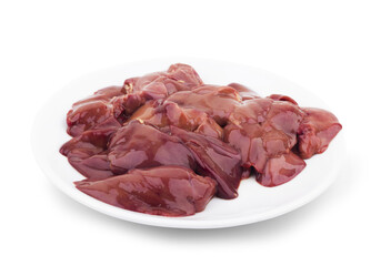 Raw liver on wooden board with spices and condiments isolated on white