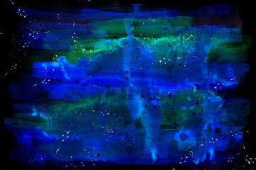 Blue and green illuminated watercolor spots and streaks on a black background. Abstract grunge watercolor background. Illustration.