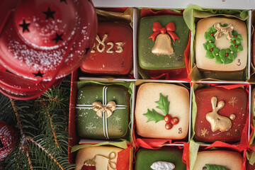 Delicious Christmas cookies set in a gift box. Advent calendar to count the days in anticipation of Christmas. Gingerbread cookies with festive red and green icing on the Christmas background