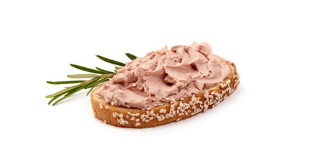 Liver pate sandwich, close-up, isolated on white background
