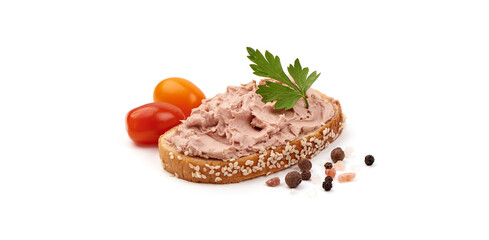Liver pate sandwich, close-up, isolated on white background