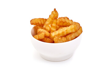 French fries on a plate, isolated on white background.