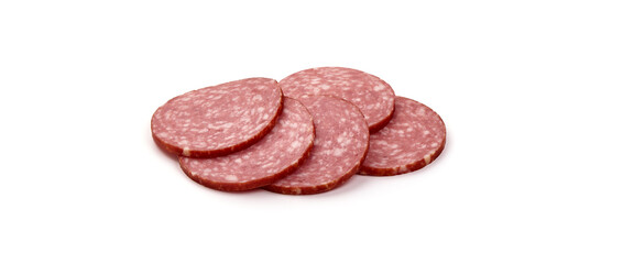 Sliced salami smoked sausage, isolated on white background.