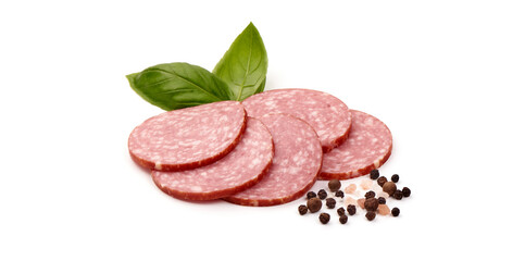 Sliced salami smoked sausage, isolated on white background.