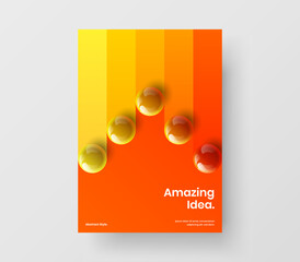 Minimalistic journal cover design vector layout. Vivid 3D spheres annual report concept.