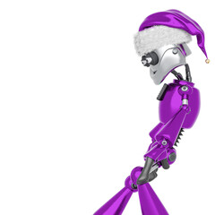 robot santa claus is leaning close up with copy space view
